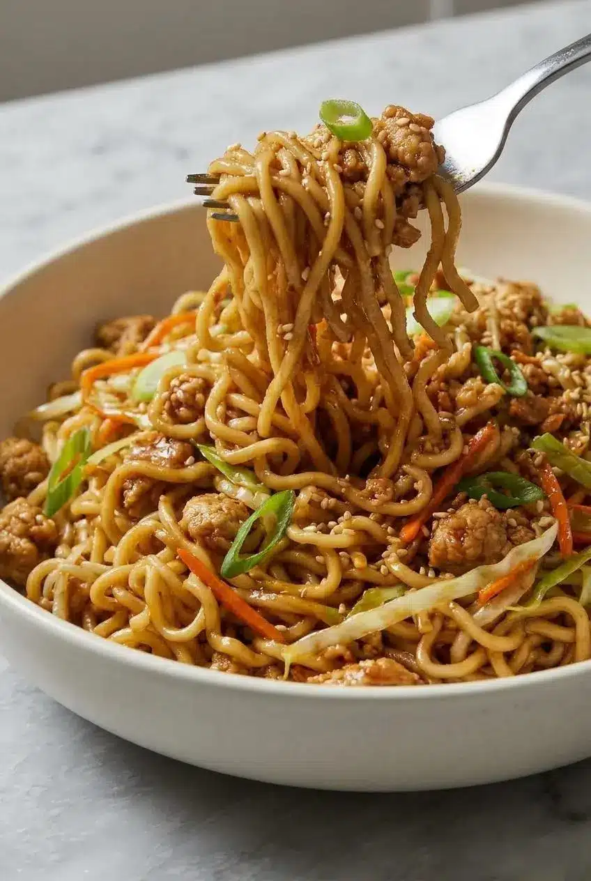 A close-up of chicken cooking in a skillet, coated in a thick, bubbly, and caramelized sauce for Sticky Garlic Chicken Noodles.