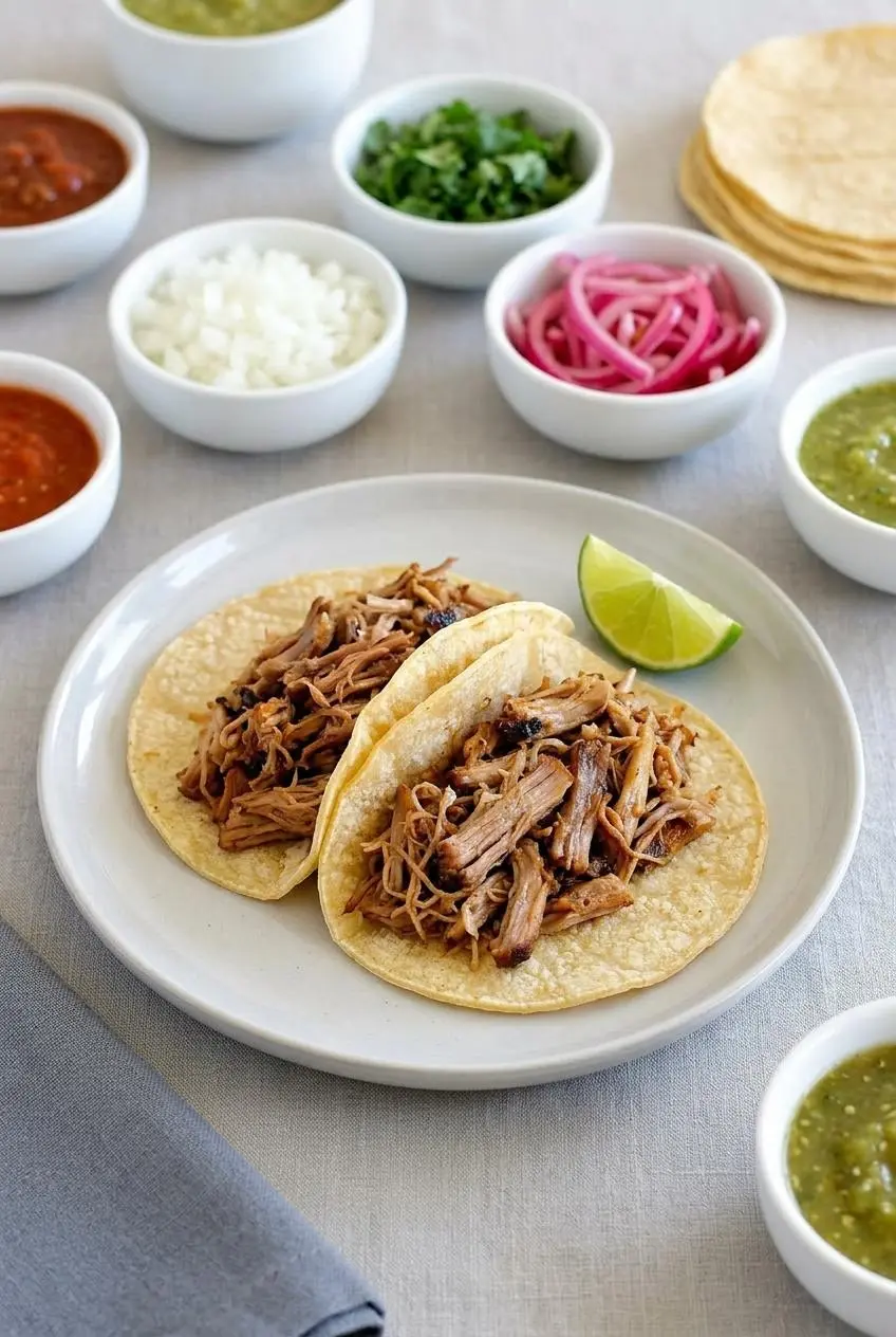 Two carnitas tacos on a light grey plate, with small bowls of toppings like cilantro, diced onion, and pickled red onion in the background.