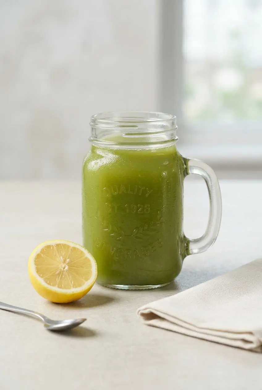 A glass of celery juice on a bright counter next to a cut lemon, suggesting a tip for improving the flavor.