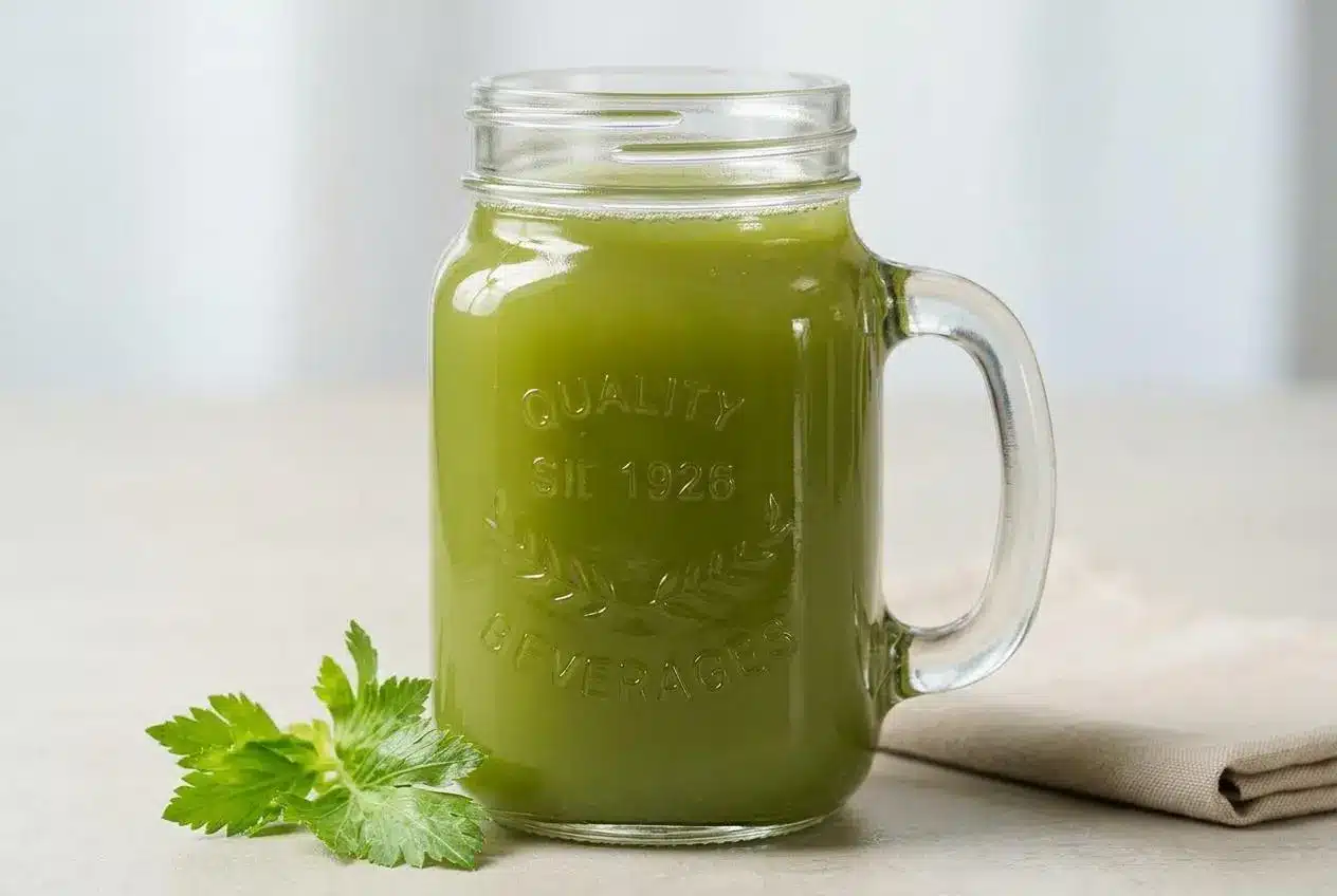 A tall glass of freshly made celery juice recipe, showing its pale green color and light natural froth on top.