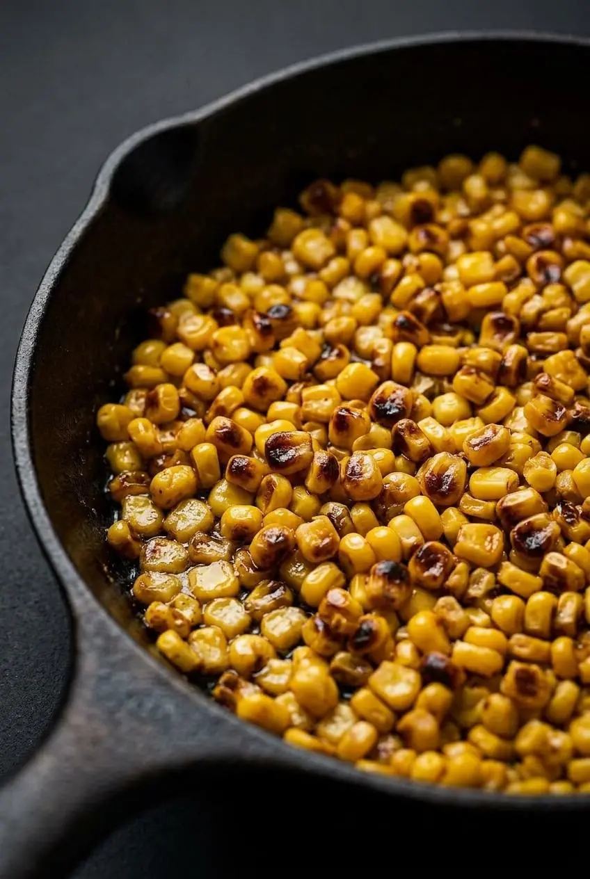 A macro close-up of corn kernels charring in a dark cast iron skillet, with some kernels golden and others deeply browned and blistered.