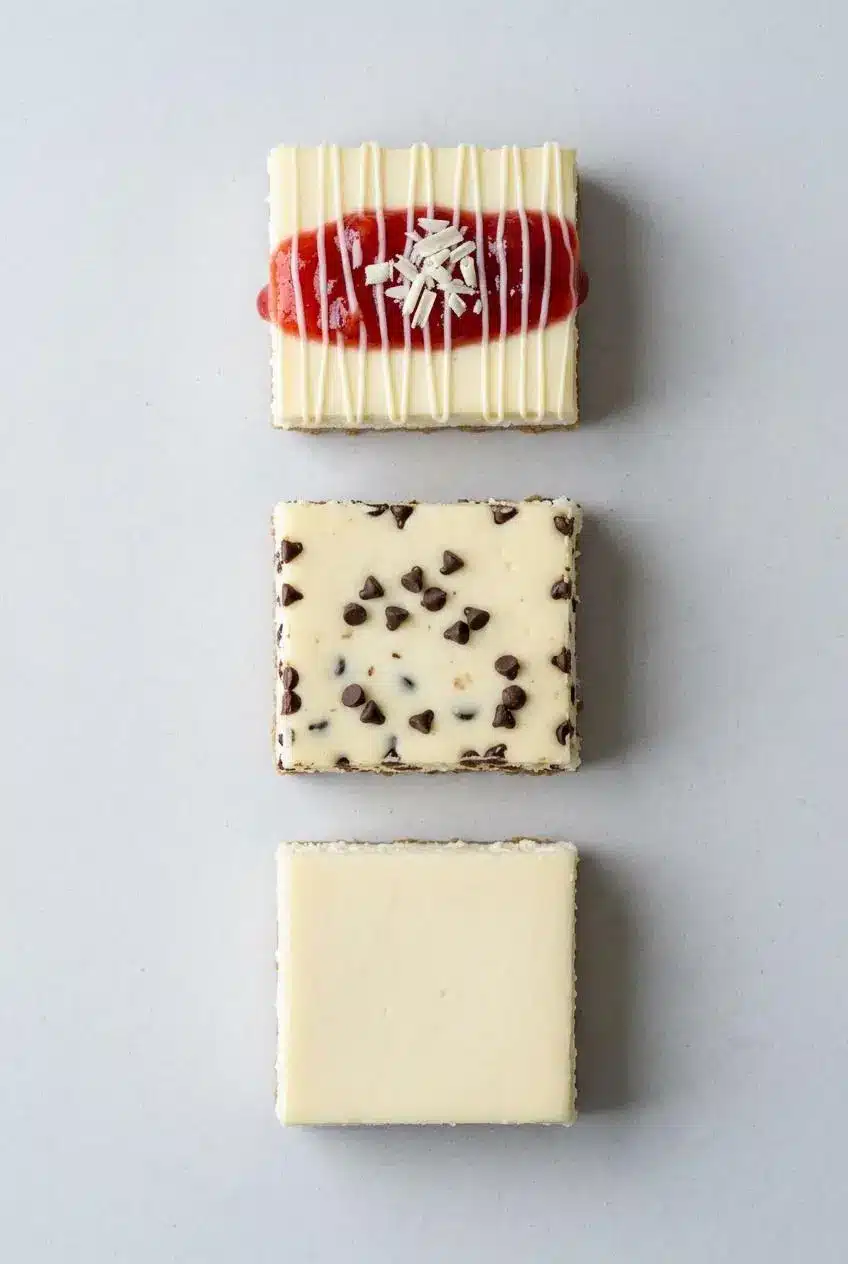 An overhead view of three cheesecake bars lined up: one with strawberry topping, one with chocolate chips in the filling, and one plain.