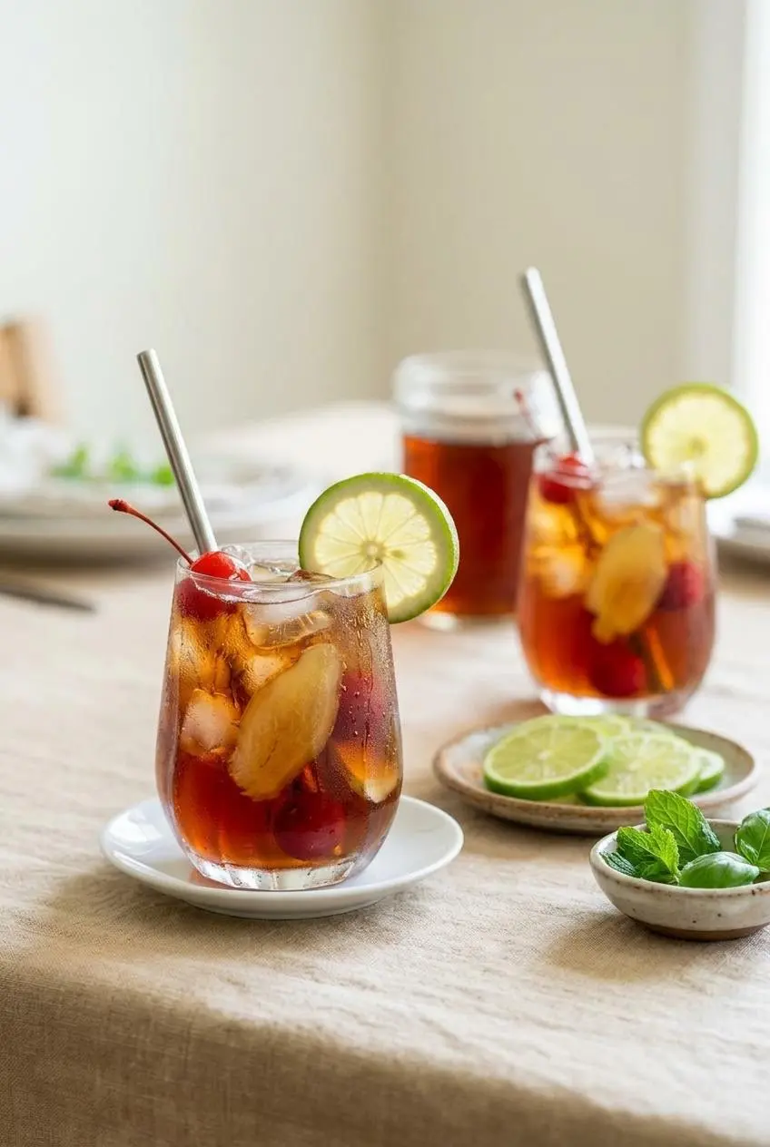 Three glasses of cherry ginger iced tea on a linen-covered table, ready for a summer party with fresh mint and lime garnishes nearby.