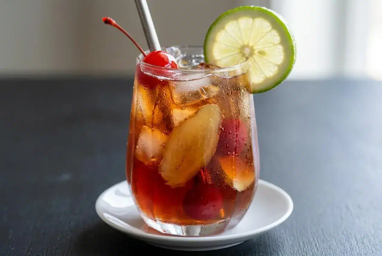 A tall glass of refreshing Cherry Ginger Iced Tea with a vibrant ruby color, filled with ice cubes and garnished with a lime wedge.