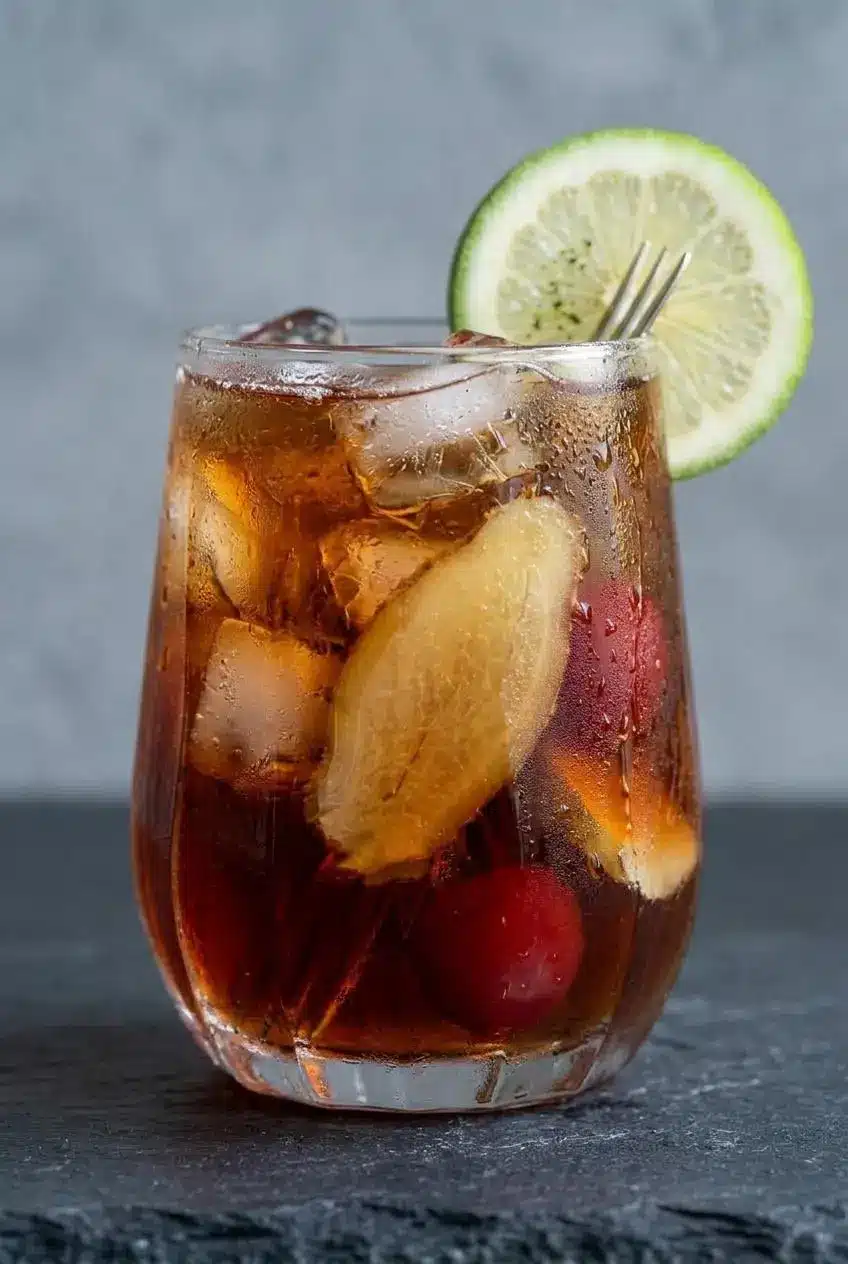 A tight close-up on a glass of cherry ginger tea, showing the clear ruby liquid, ice cube edges, and a hint of sliced ginger.
