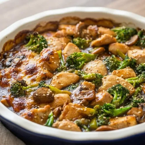 Chicken and broccoli stir fry in a large skillet, with tender chicken and crisp broccoli florets coated in a glossy savory sauce.