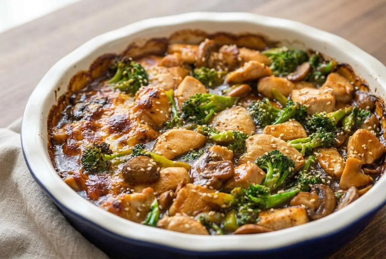 Chicken and broccoli stir fry in a large skillet, with tender chicken and crisp broccoli florets coated in a glossy savory sauce.