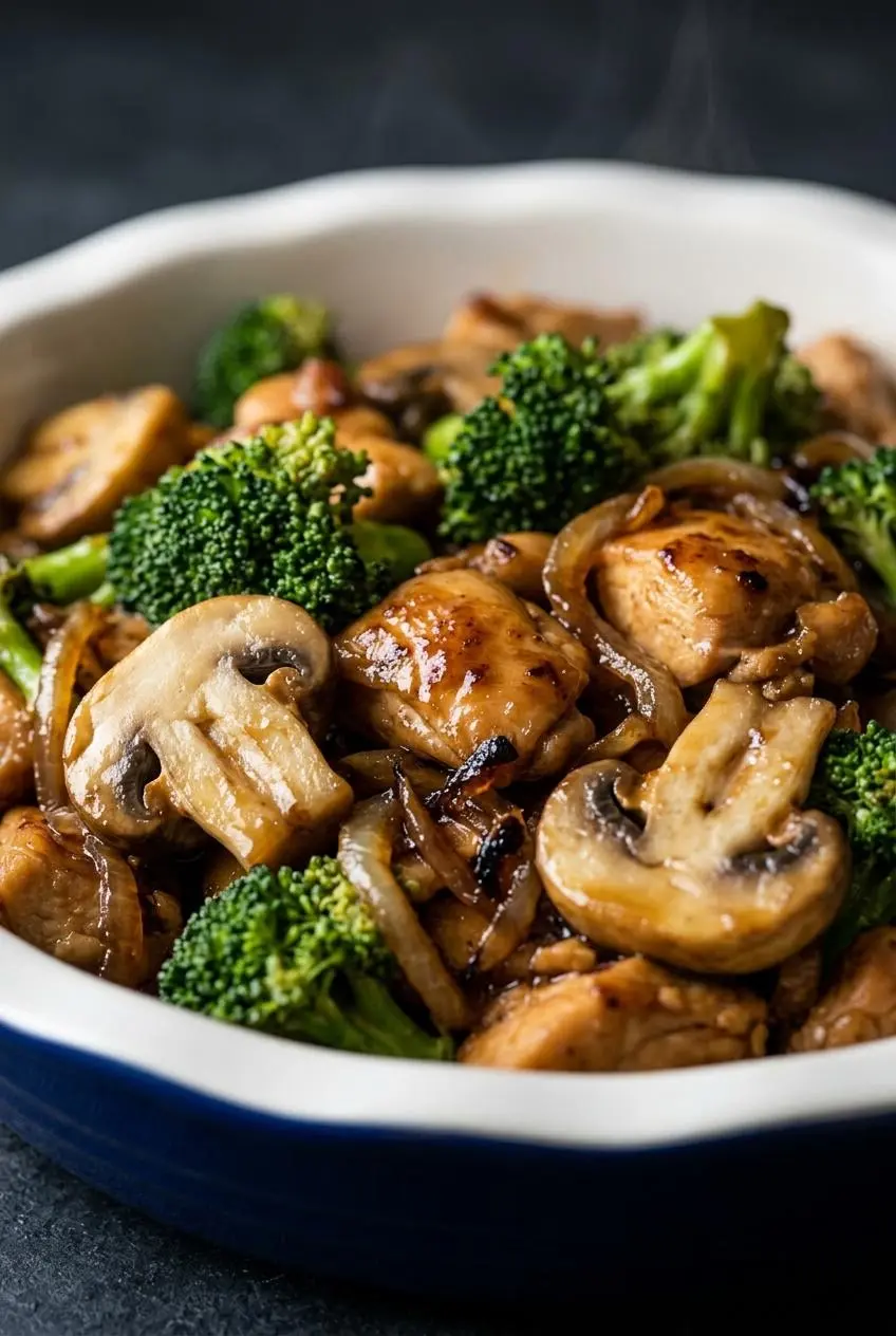 A close-up view of chicken and broccoli stir fry, showing the glossy sauce on tender chicken pieces and the texture of crisp broccoli.