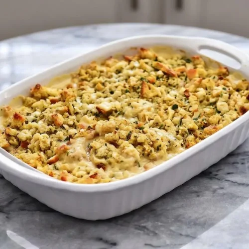 A scoop of Chicken and Stuffing Bake on a plate, showing layers of chicken, sweet caramelized onions, and a golden stuffing crust.