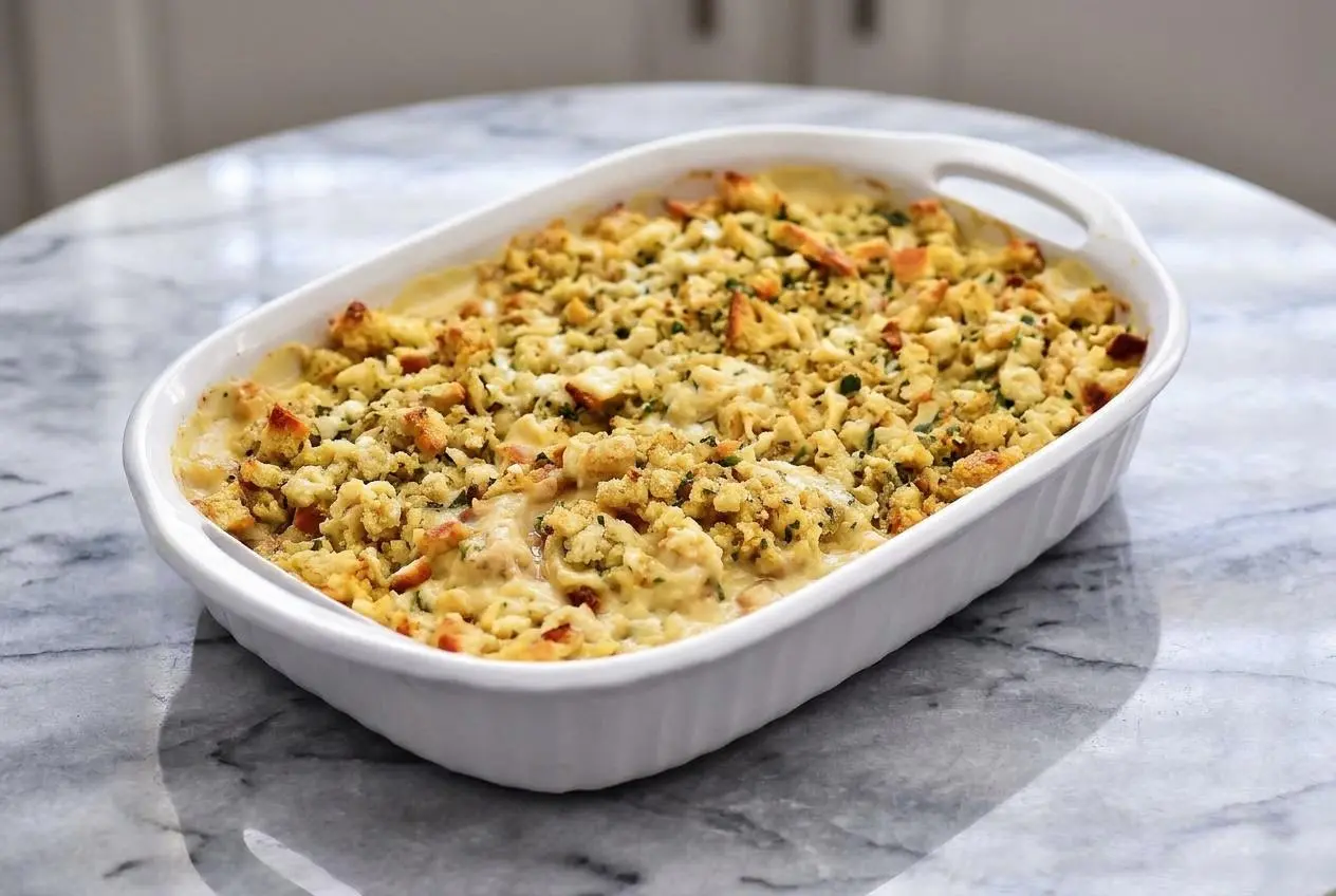 A scoop of Chicken and Stuffing Bake on a plate, showing layers of chicken, sweet caramelized onions, and a golden stuffing crust.
