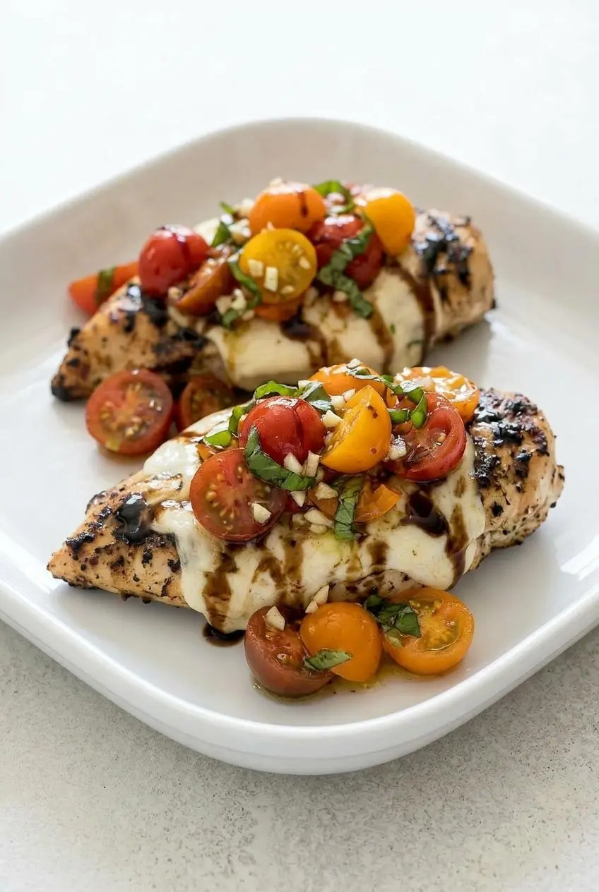 Two grilled chicken breasts on a platter, topped with a fresh relish of halved cherry tomatoes, garlic, and basil instead of tomato slices.