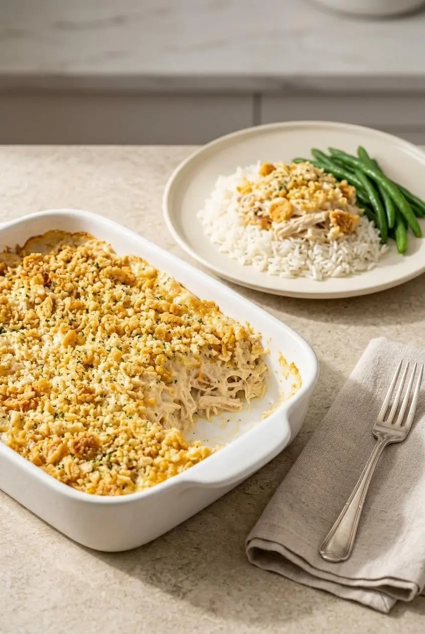 A serving of creamy chicken casserole on a white plate with a side of white rice and steamed green beans.