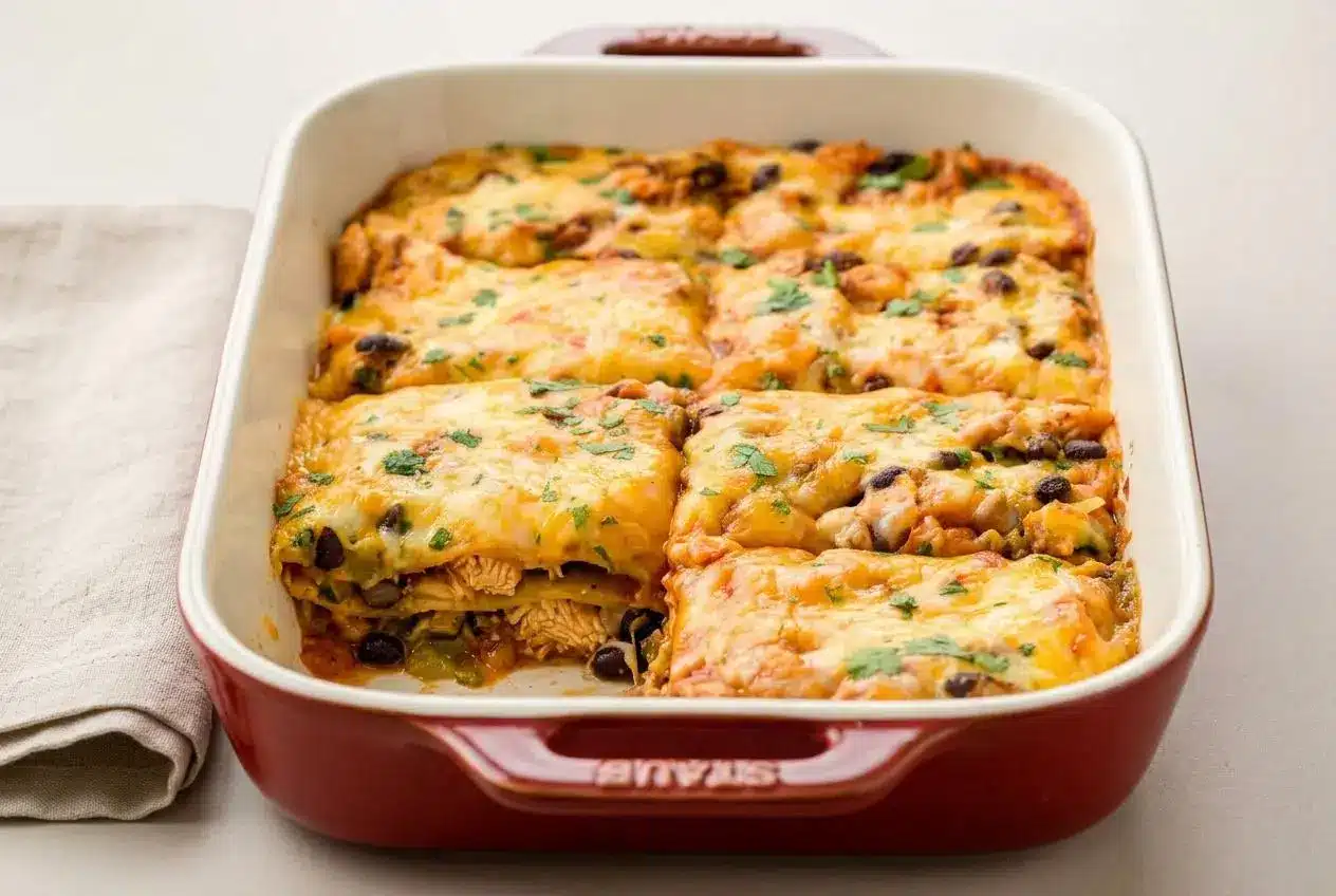 A slice taken from a cheesy chicken enchilada casserole in a white baking dish, showing the saucy layers inside.