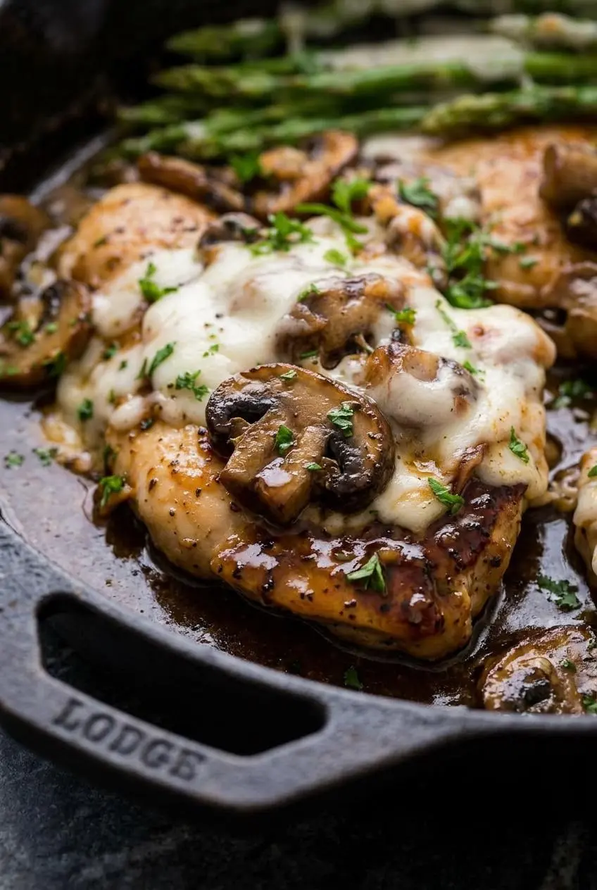 A close-up macro view of Chicken Madeira, showing the glossy texture of the dark mushroom sauce and melted mozzarella on a chicken cutlet.