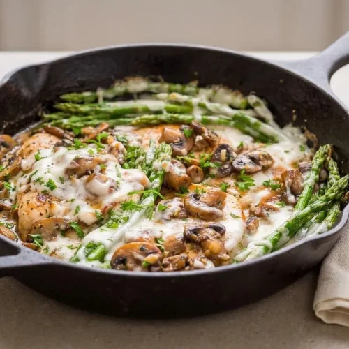 A skillet of Chicken Madeira with tender chicken cutlets, crisp asparagus, mushrooms, and melted mozzarella in a glossy, dark wine sauce.