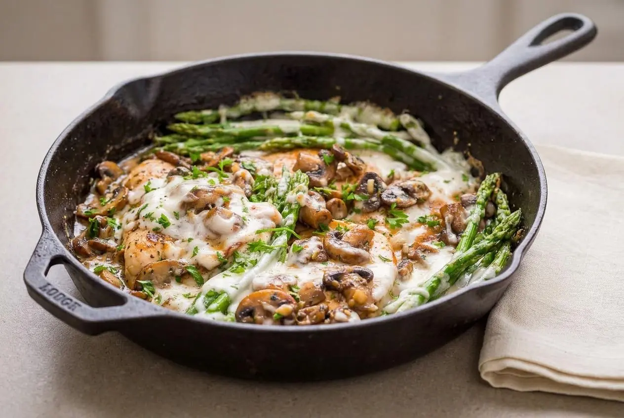 A skillet of Chicken Madeira with tender chicken cutlets, crisp asparagus, mushrooms, and melted mozzarella in a glossy, dark wine sauce.