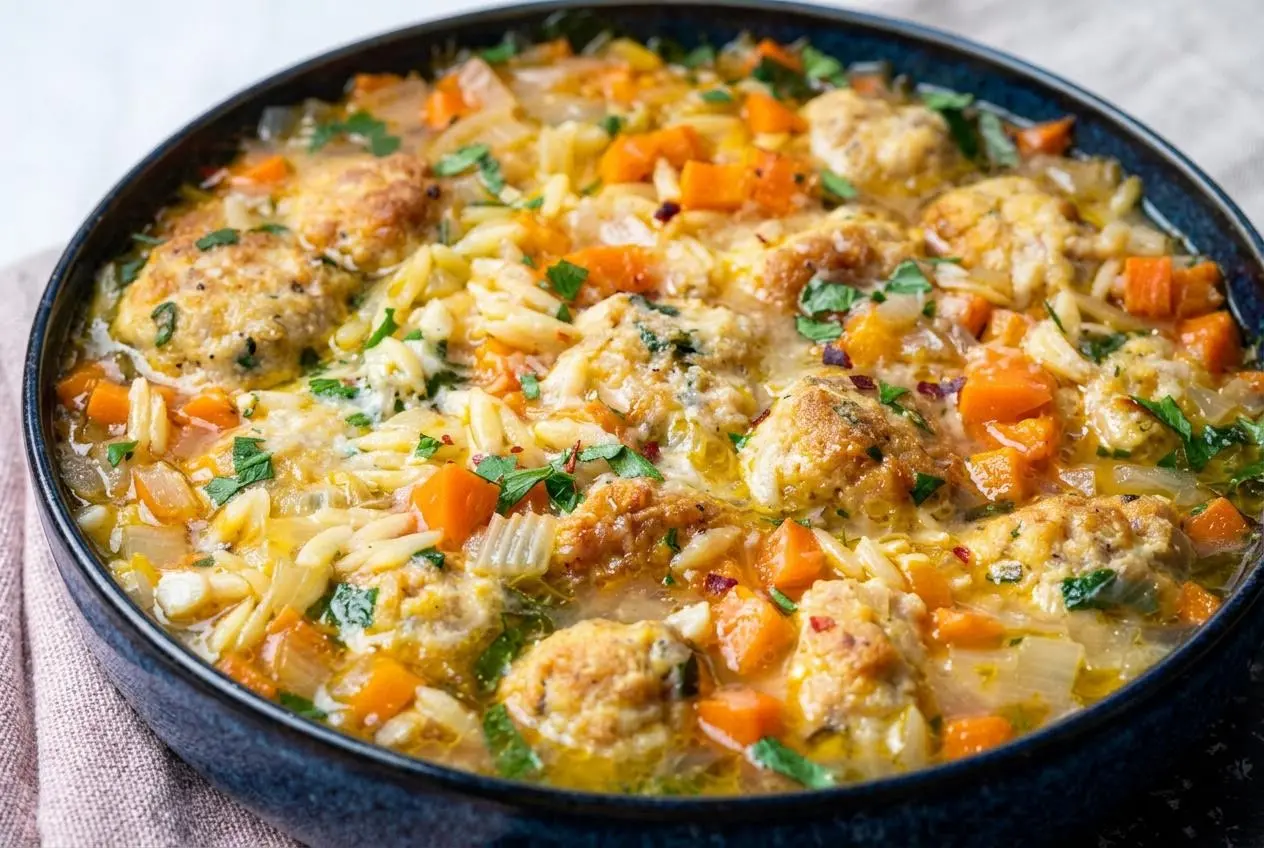 A comforting bowl of chicken meatball soup with tender meatballs, orzo, and vegetables in a savory Parmesan broth.