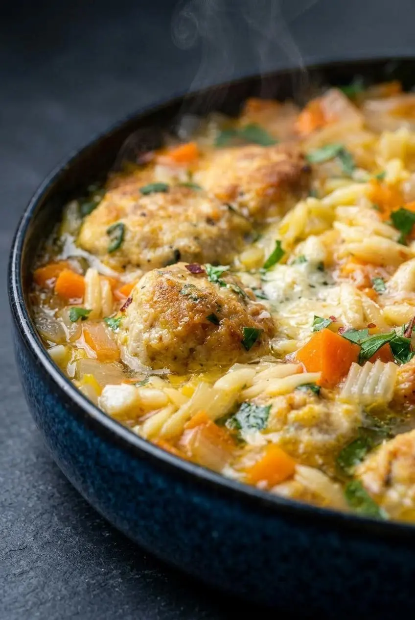 A close-up macro view of chicken meatball soup, highlighting the texture of a juicy meatball and individual grains of orzo.
