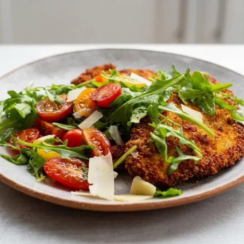 A golden-brown, crispy Chicken Milanese cutlet on a white plate, topped with a fresh arugula and cherry tomato salad with shaved parmesan.