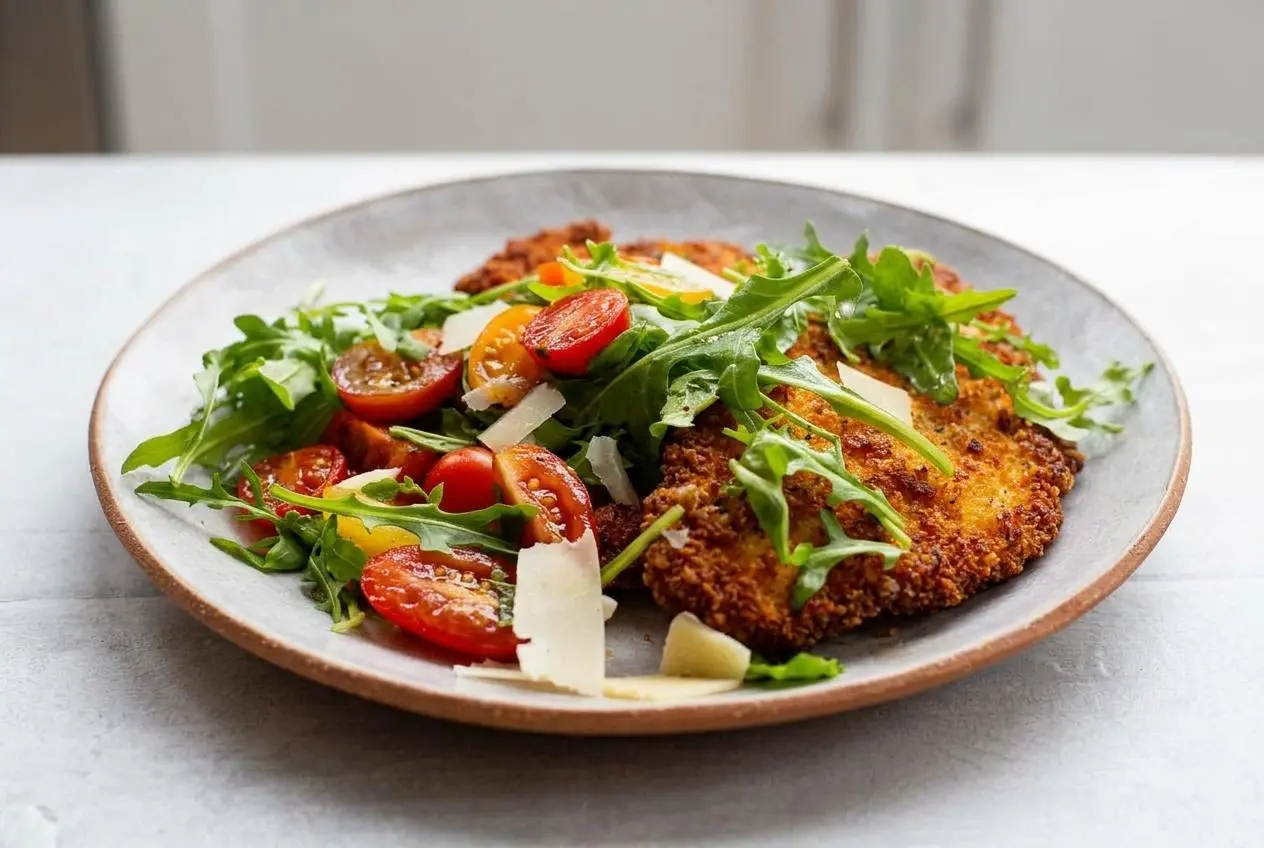 A golden-brown, crispy Chicken Milanese cutlet on a white plate, topped with a fresh arugula and cherry tomato salad with shaved parmesan.