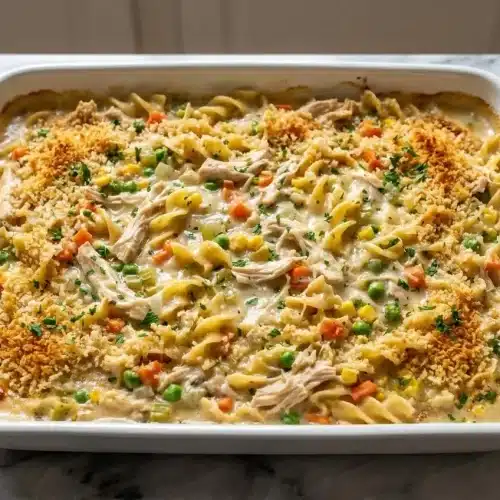 A golden chicken pot pie noodle bake in a white baking dish, featuring a savory flavor from shallots and poultry seasoning.
