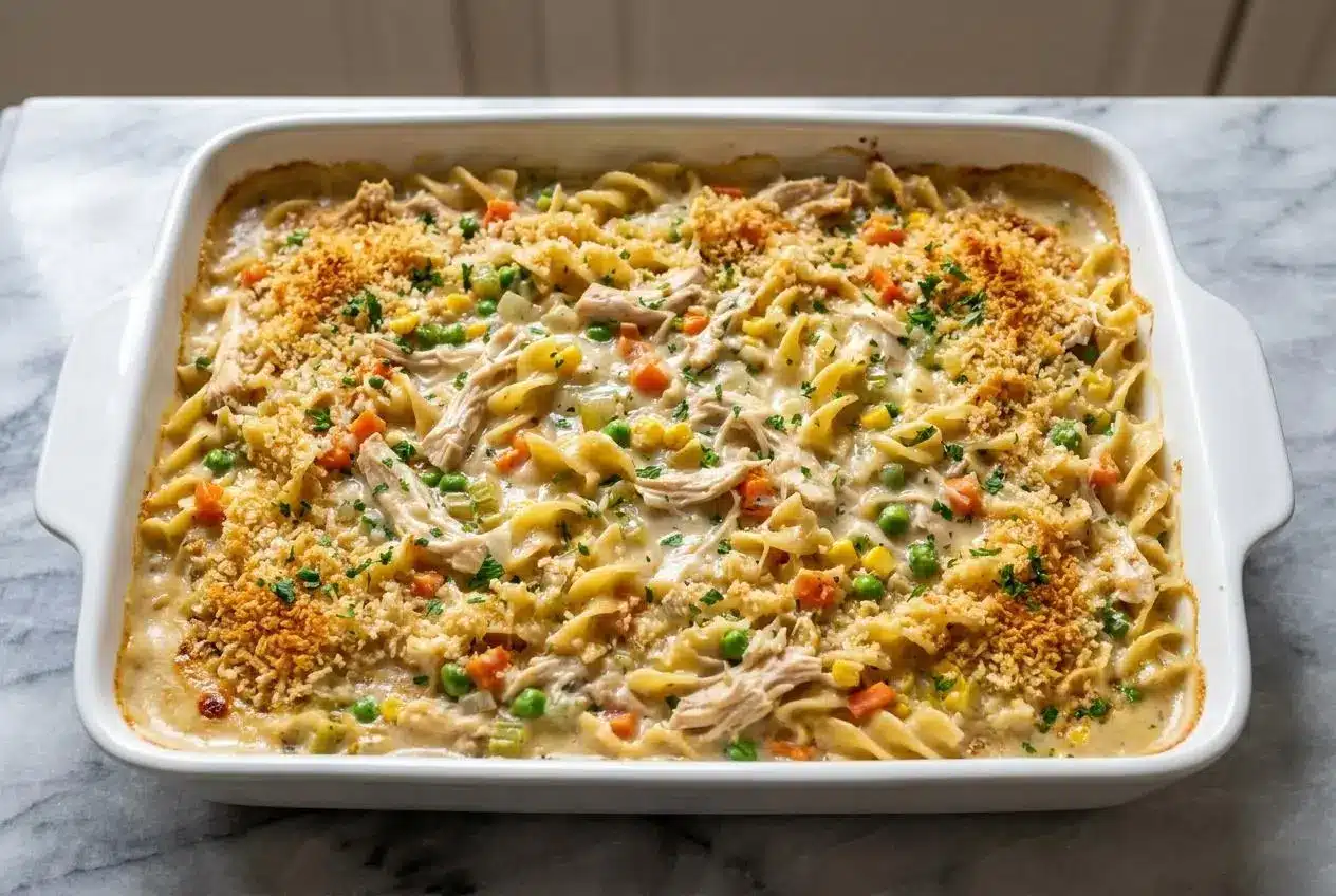 A golden chicken pot pie noodle bake in a white baking dish, featuring a savory flavor from shallots and poultry seasoning.