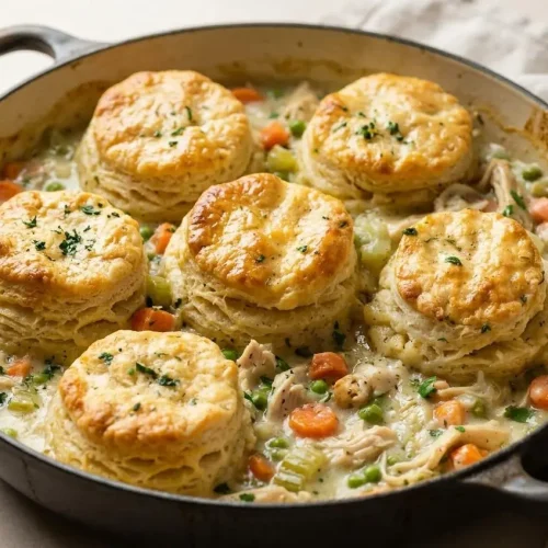 A golden-topped chicken pot pie with biscuits in a round baking dish, with a spoonful showing the creamy chicken and vegetable filling.