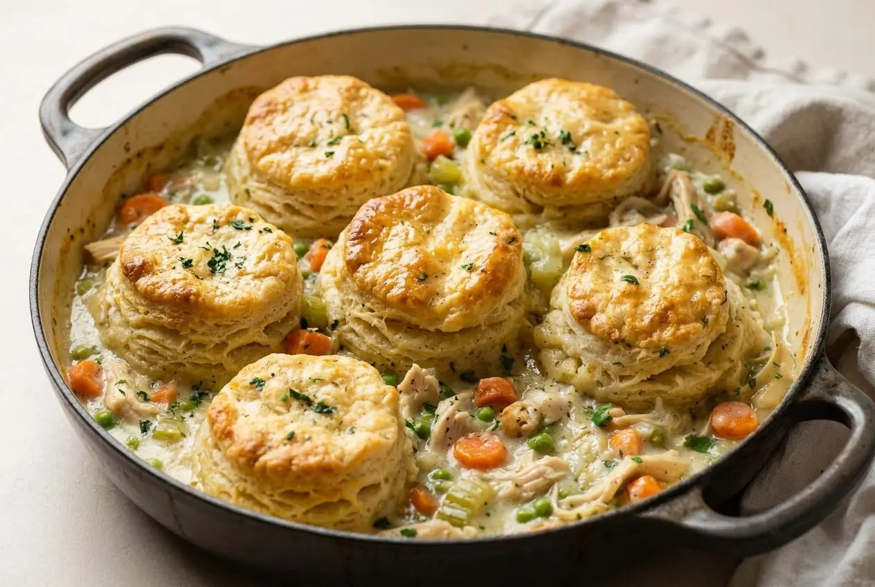 A golden-topped chicken pot pie with biscuits in a round baking dish, with a spoonful showing the creamy chicken and vegetable filling.