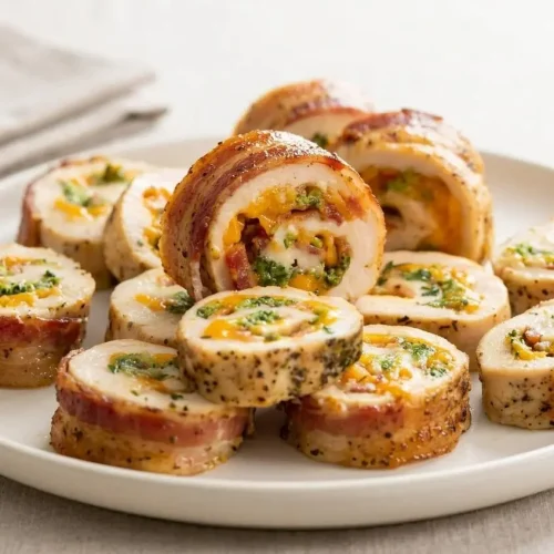 Slices of golden-brown chicken roulade in a white baking dish, revealing a cheesy spiral filling of broccoli, cheddar, and bacon.