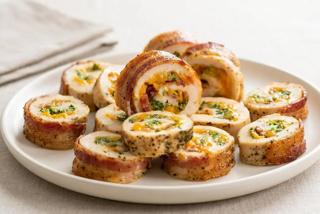 Slices of golden-brown chicken roulade in a white baking dish, revealing a cheesy spiral filling of broccoli, cheddar, and bacon.