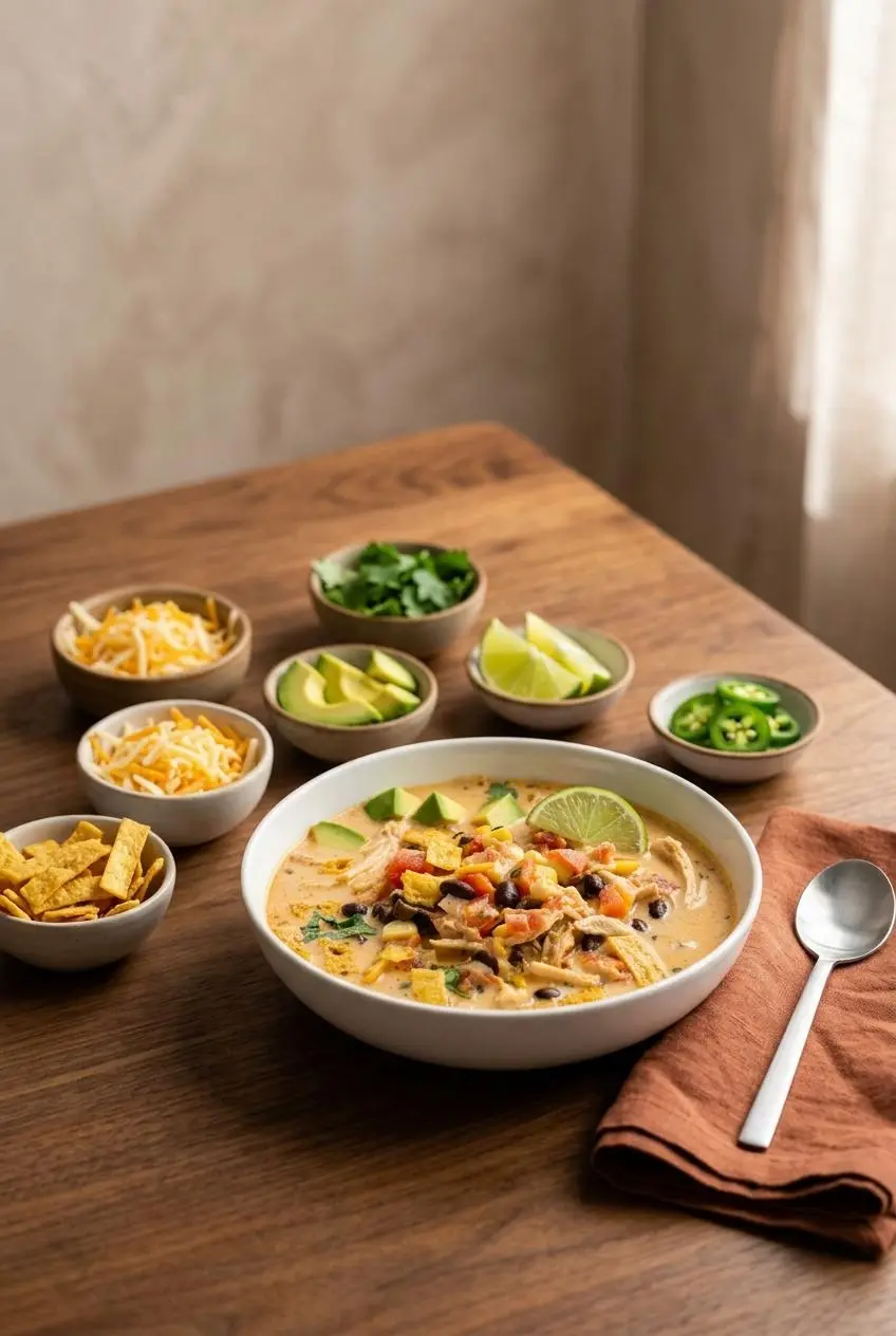 A pot of chicken taco soup on a dining table, surrounded by small bowls of toppings like cheese, avocado, cilantro, and tortilla strips.
