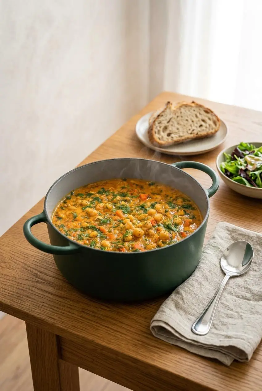 A bowl of chickpea soup on a wooden table, served for dinner with a side of crusty bread and a simple green salad.