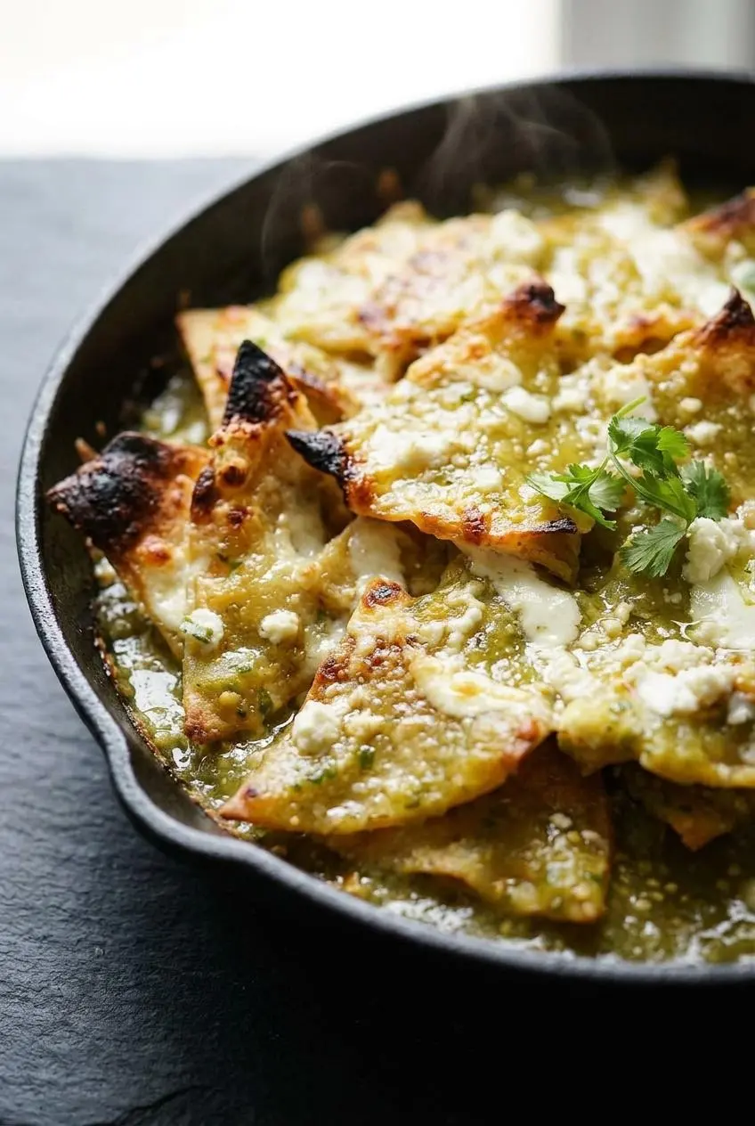 A close-up macro shot of chilaquiles verdes showing bubbly, golden-brown melted cheese over crispy tortilla chip edges.