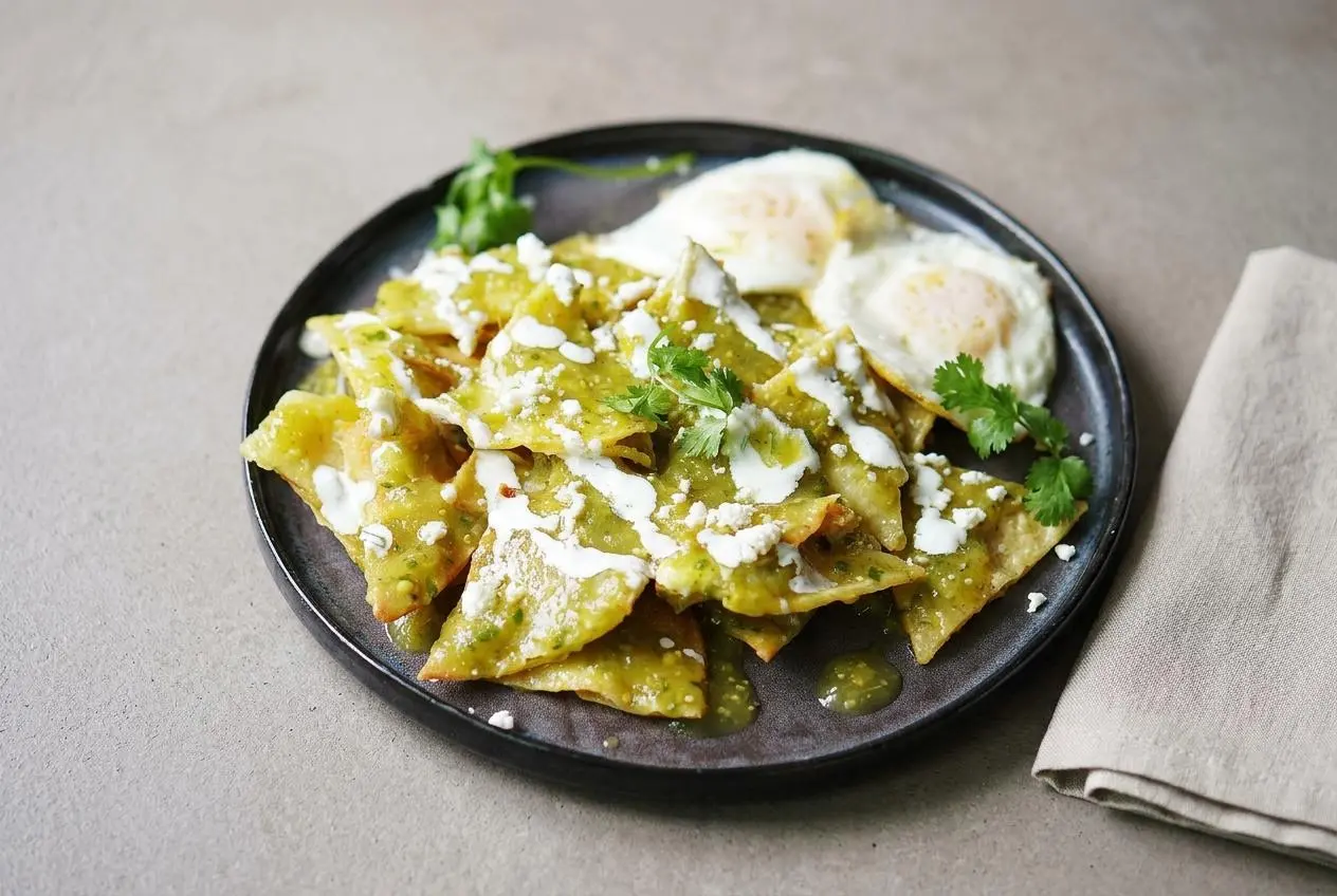 A skillet of chilaquiles verdes coated in tangy green salsa, topped with crumbled queso fresco, crema, and fresh cilantro.