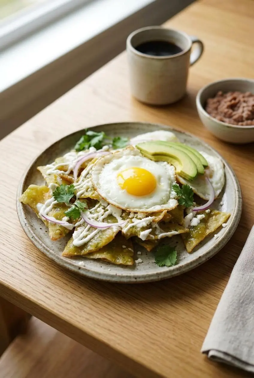 A single serving of chilaquiles verdes on a plate, topped with a fried egg, fanned avocado slices, crema, and red onion.