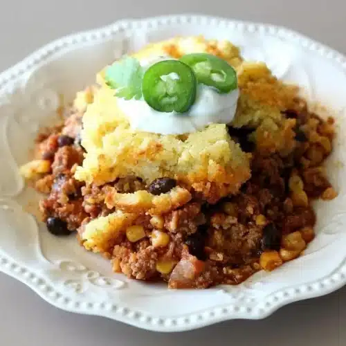 A full Chili Cornbread Casserole in a white baking dish, showing the golden brown cornbread topping over the savory beef chili.