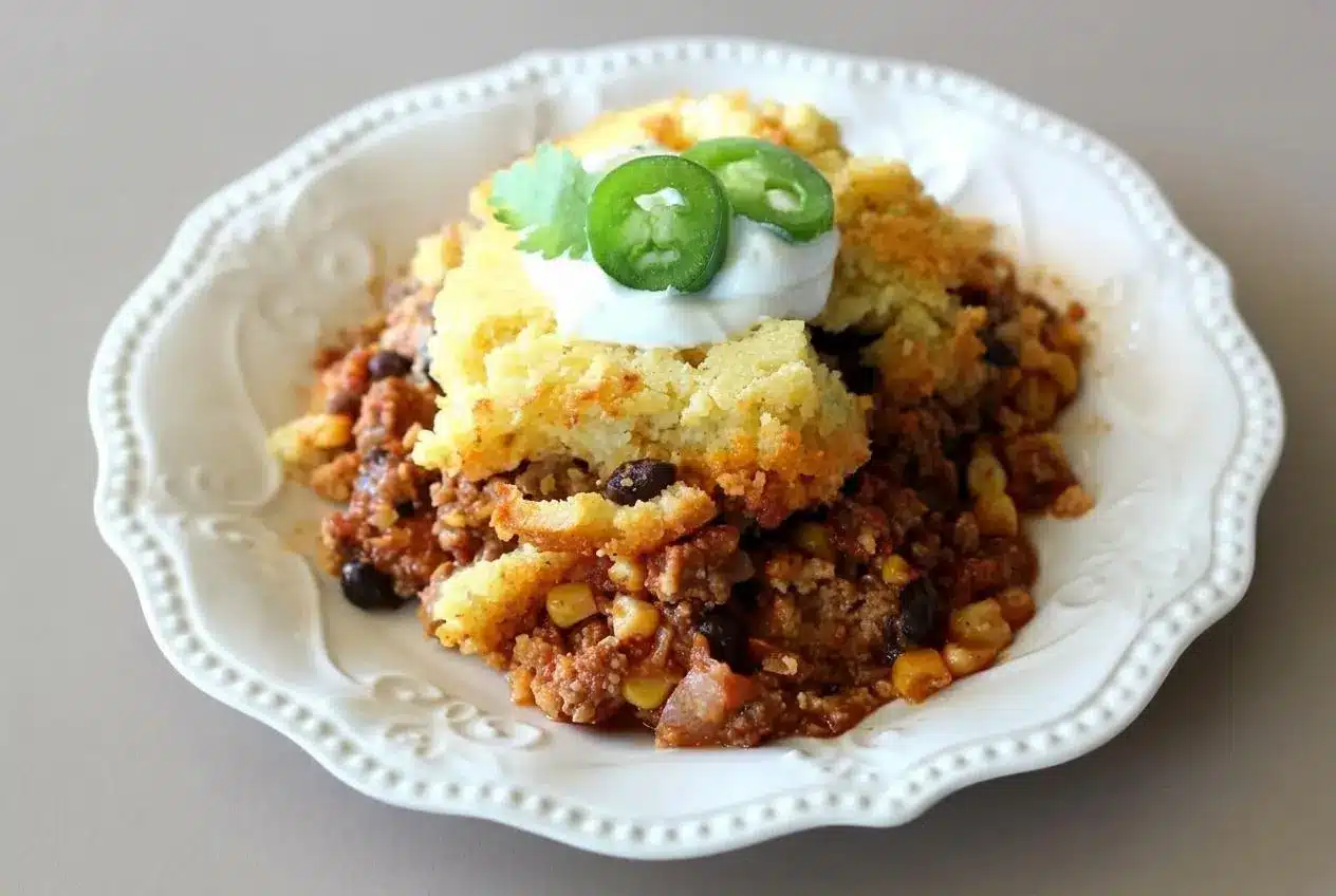 A full Chili Cornbread Casserole in a white baking dish, showing the golden brown cornbread topping over the savory beef chili.