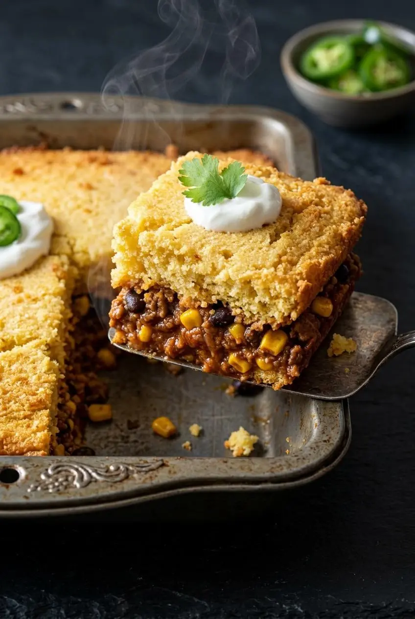 A spatula lifting a steaming, clean-cut slice of chili cornbread casserole from a baking dish, revealing the distinct layers.