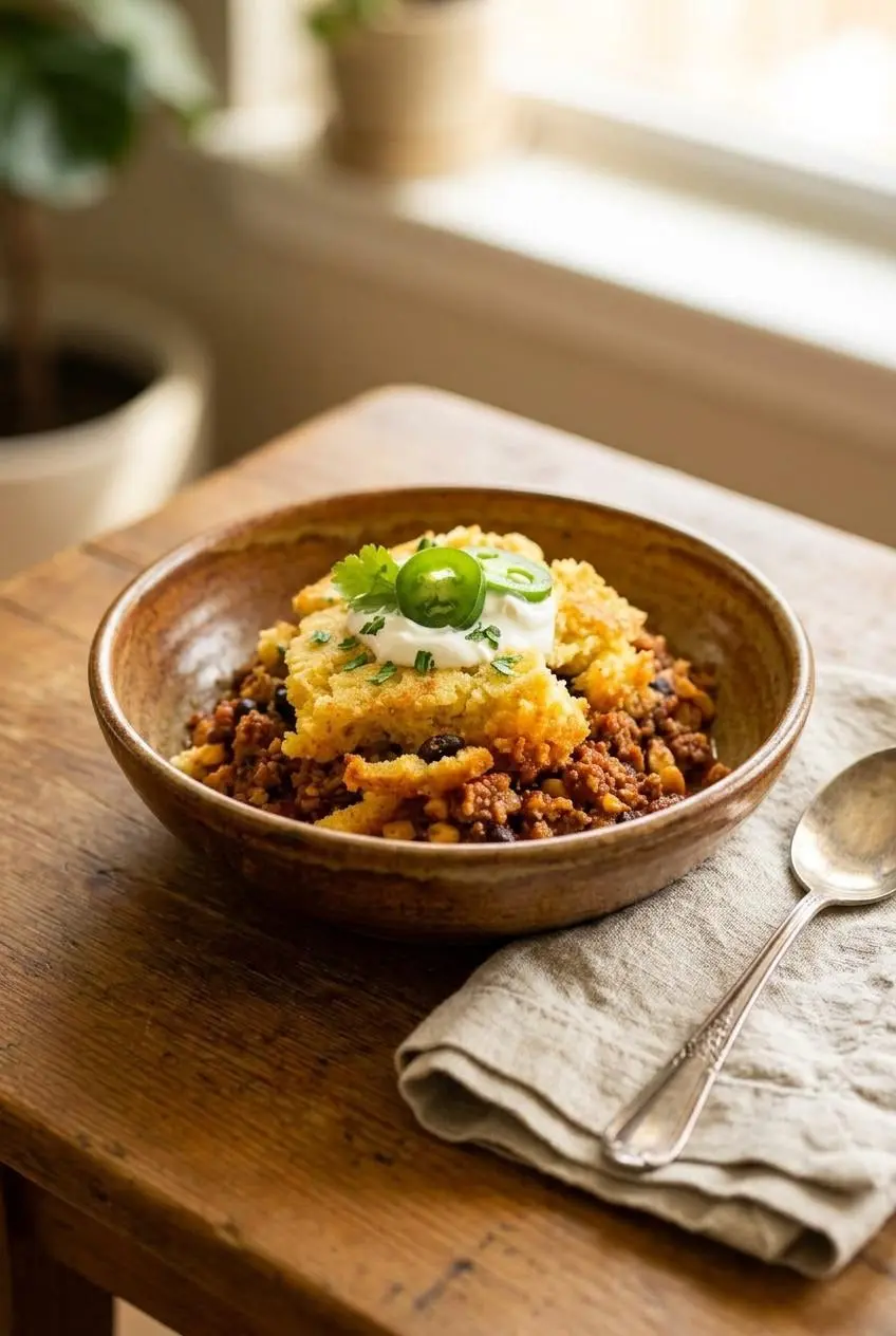 A serving of chili cornbread casserole in a rustic bowl, garnished with a dollop of sour cream, sliced jalapeños, and fresh cilantro.