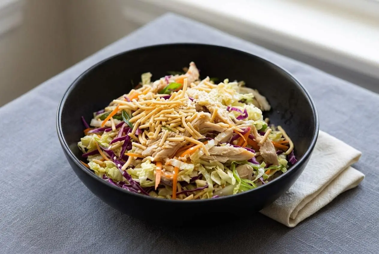 A large white bowl of Chinese Chicken Salad, featuring a mix of shredded cabbage, carrots, chicken, and topped with crunchy noodles and