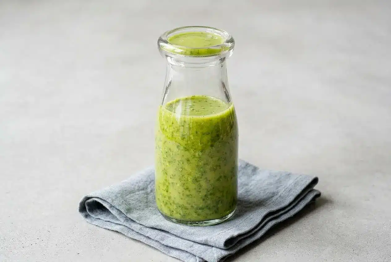 A small white bowl filled with creamy, vibrant green Cilantro Lime Vinaigrette, ready for serving.