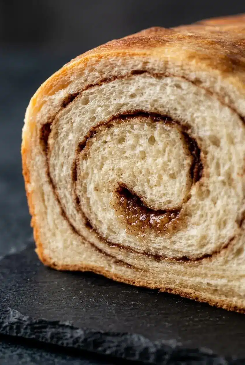 A close-up macro shot of a slice of cinnamon bread, showing a perfect, tight swirl of gooey cinnamon sugar with no gaps.