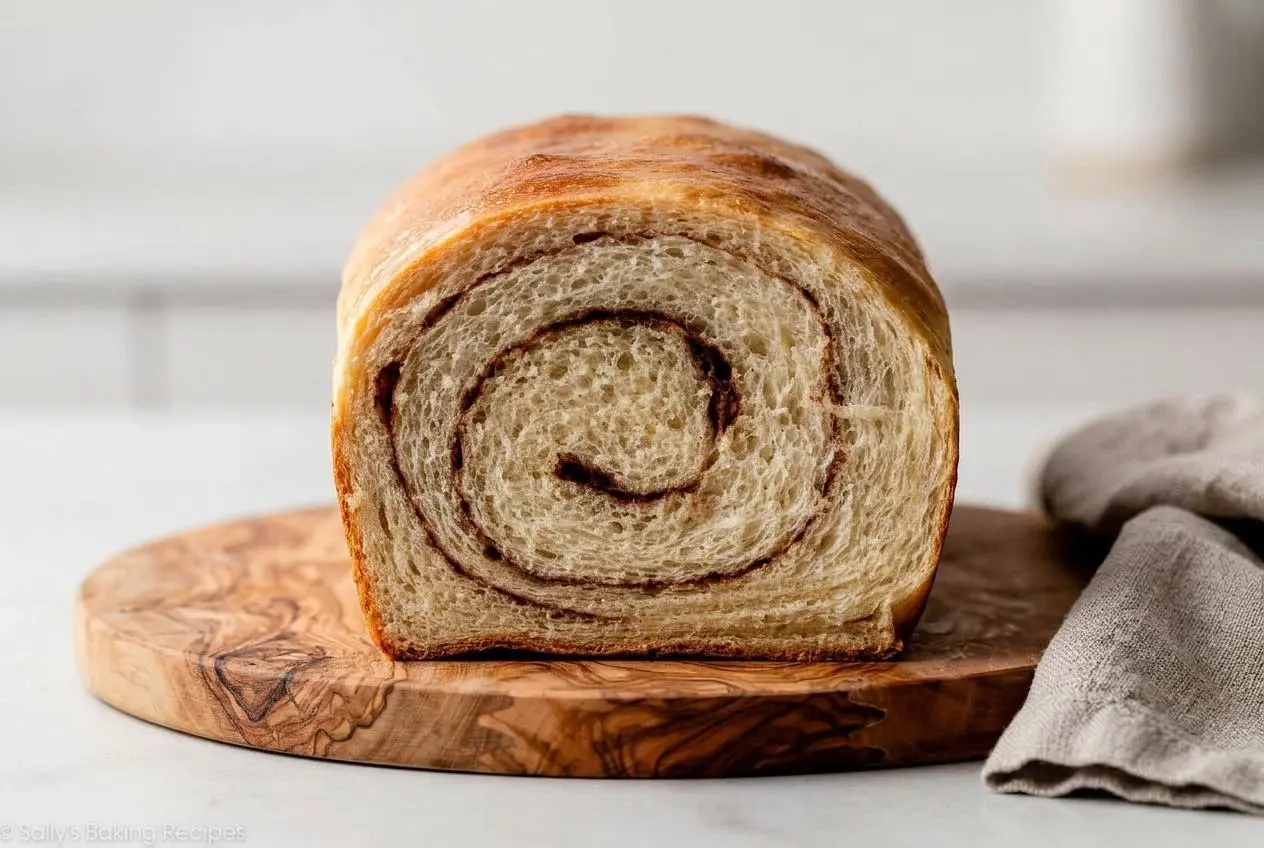 A loaf of homemade cinnamon swirl bread, partially sliced to reveal a gooey cinnamon sugar spiral and soft, fluffy crumb.