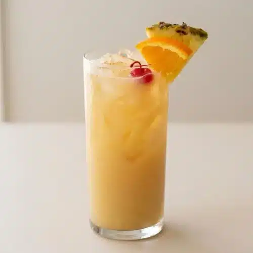 A classic Painkiller Cocktail in a highball glass, showing a creamy frothy top, and garnished with a pineapple wedge and a cherry.