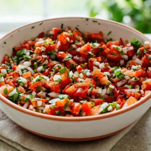 A white bowl filled with fresh and chunky Classic Pico de Gallo, showing vibrant red tomatoes, white onion, and green cilantro.