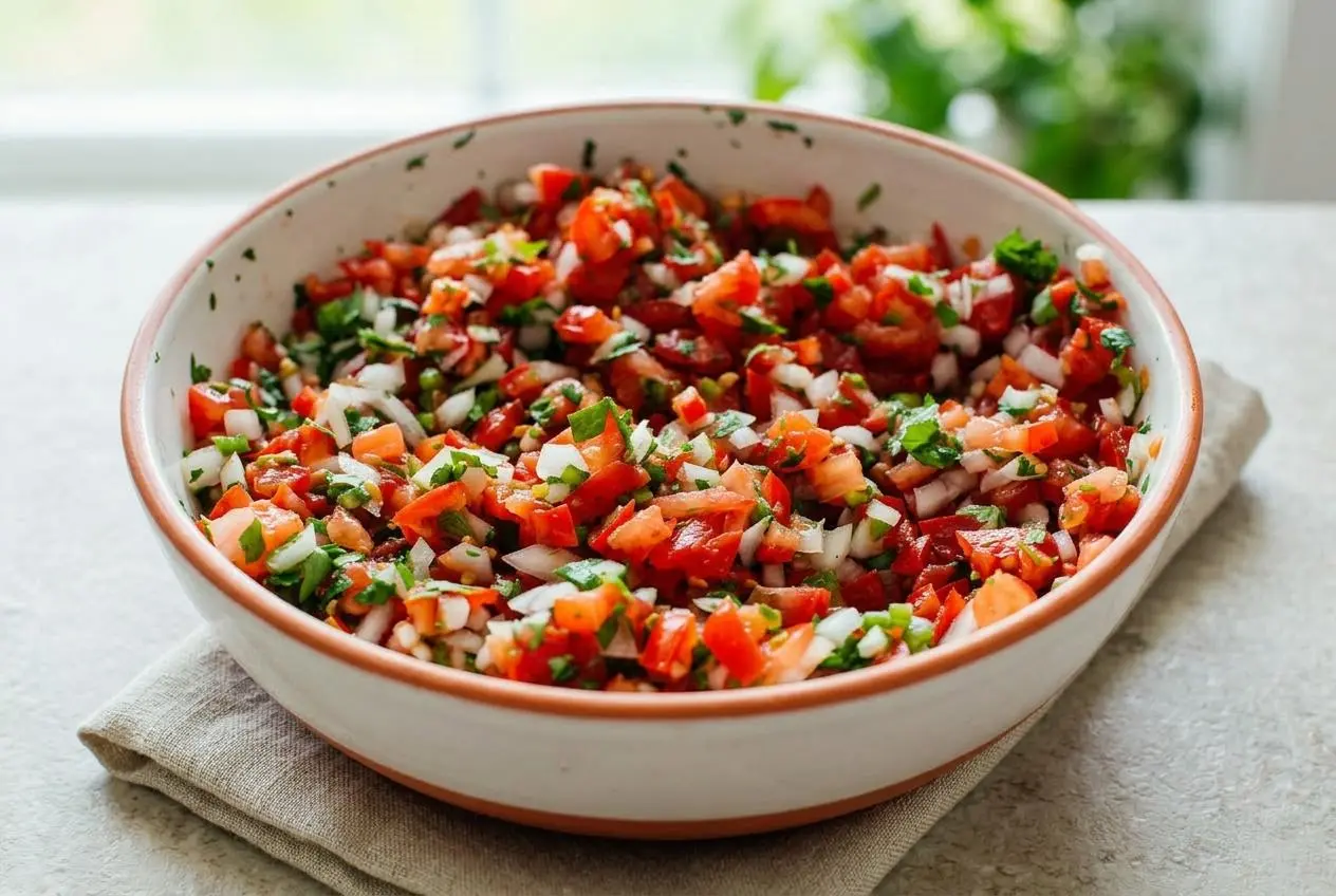 A white bowl filled with fresh and chunky Classic Pico de Gallo, showing vibrant red tomatoes, white onion, and green cilantro.