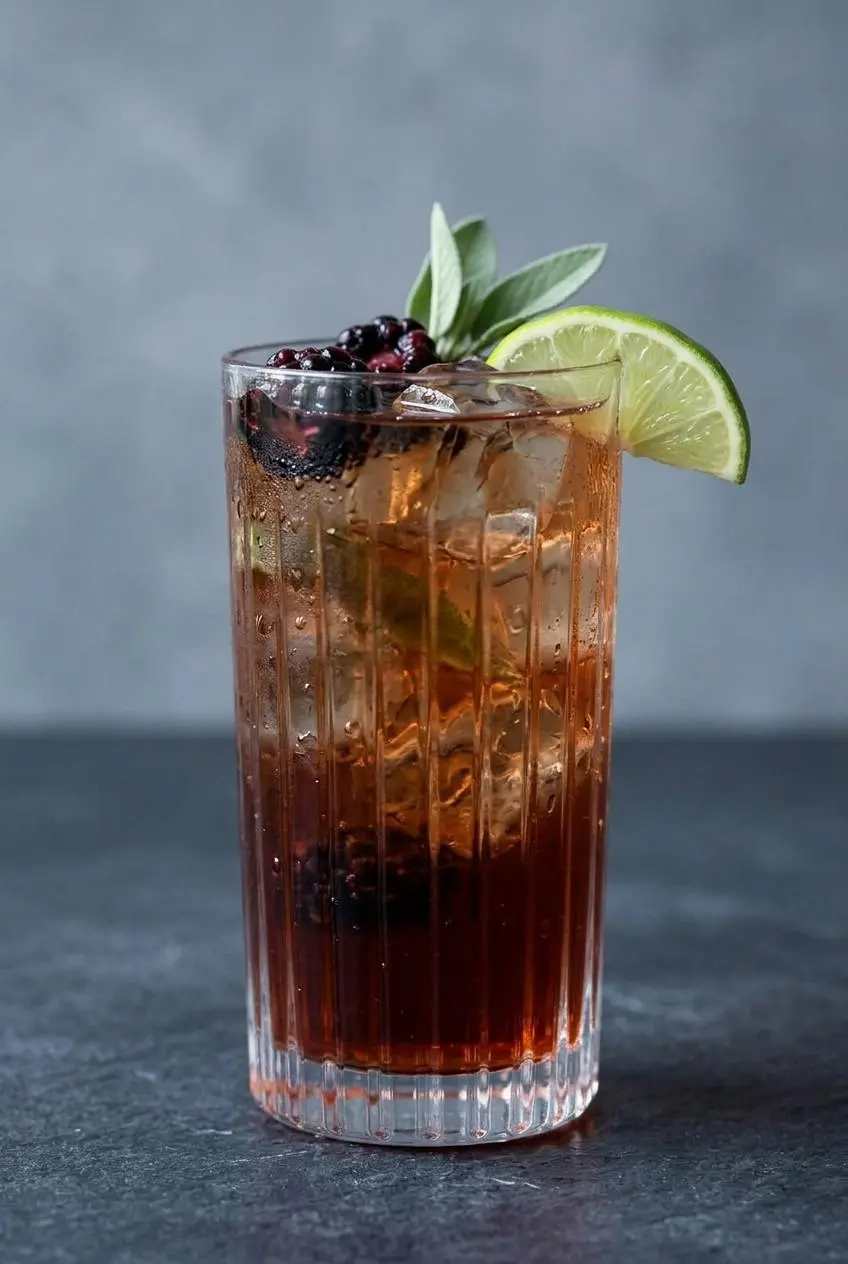 A macro close-up of clear blackberry sage tea in a glass, showing sharp ice cubes and no cloudiness.