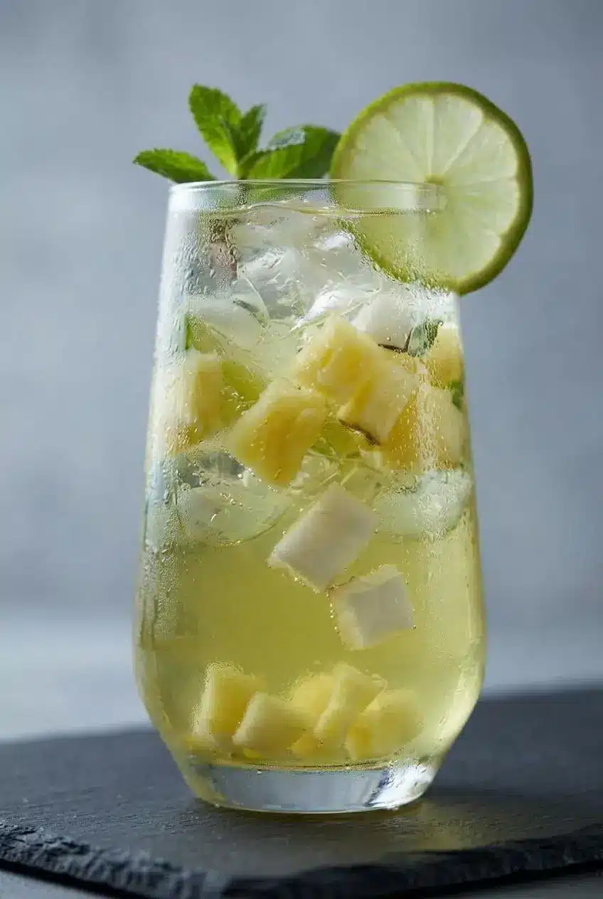 A macro close-up of iced green tea in a glass, highlighting the perfectly clear liquid and suspended pineapple pieces, free of any