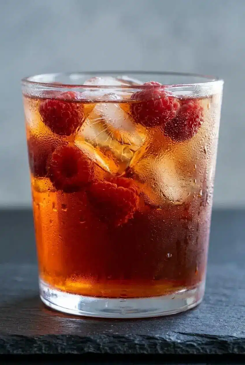 A macro close-up of raspberry iced tea in a glass, focusing on the clear, jewel-toned liquid and sharp edges of ice cubes to show its smooth