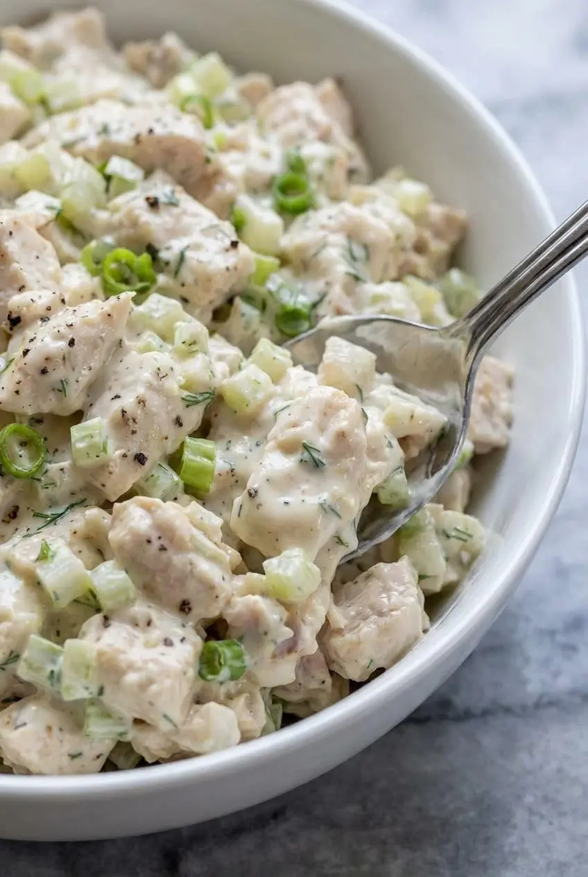 A close-up showing the rich, creamy texture of rotisserie chicken salad, with visible pieces of chicken, celery, and herbs.